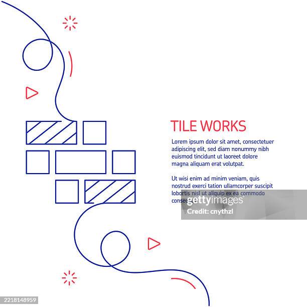 continuous line drawing of tile works icon. hand drawn symbol vector illustration. minimalist design with thin blue and red lines. - installing flooring stock illustrations