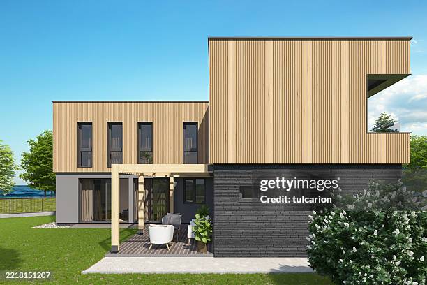 maison scandinave moderne en forme de l avec cour intérieure et pergola en bois - pergola bois photos et images de collection