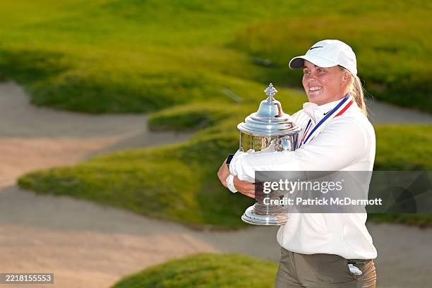 Maja Stark of Sweden poses with the Harton S. Semple Trophy after winning the final round of the U.S. Women's Open presented by Ally 2025 at Erin...