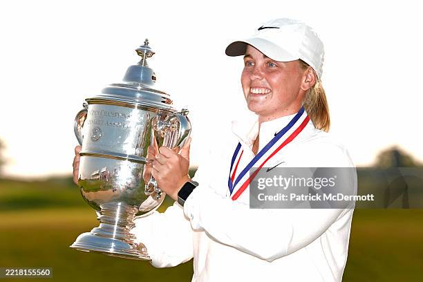 Maja Stark of Sweden poses with the Harton S. Semple Trophy after winning the final round of the U.S. Women's Open presented by Ally 2025 at Erin...