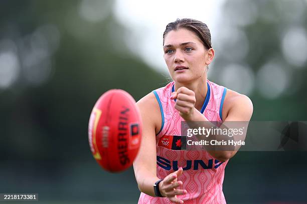 Darcie Davies of the Suns during a Gold Coast Suns AFLW training session at People First Stadium on June 02, 2025 in Gold Coast, Australia.