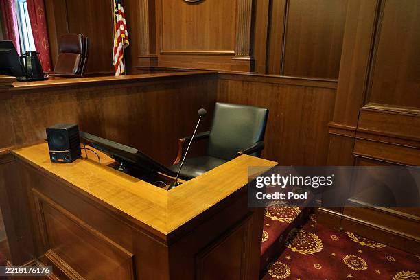 The witness chair inside a federal courtroom similar to the room where the Sean Combs sex trafficking trial is being held in Federal District Court...