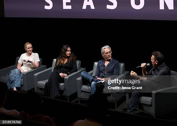 Genevieve O'Reilly, Adria Arjona, Tony Gilroy and Dane Cook speak onstage during Andor Season 2 CAA Q&A Screening on June 01, 2025 in Los Angeles,...