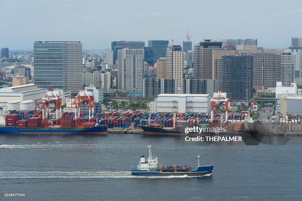 Japanese Container Line Container Terminal In Tokyo With Cargo Ships And Small Freight Vessel ...
