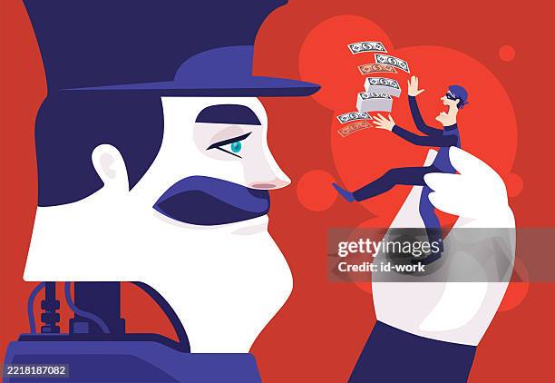 robotic security guarding catching scammer with stack of banknotes - malware bot stock illustrations