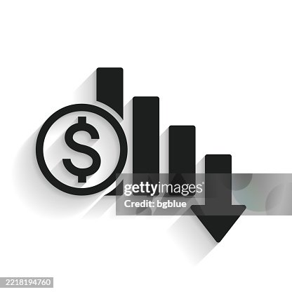 Dollar rate decrease. Icon with long shadow on white background Dollar rate decrease. Icon with long shadow on white background