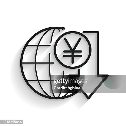 Yen rate decrease. Line icon with long shadow on white background Yen rate decrease. Line icon with long shadow on white background