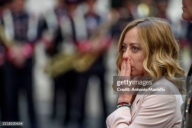 Italian Prime Minister Giorgia Meloni waits to meets with Argentinian President Javier Milei at Palazzo Chigi, on June 6, 2025 in Rome, Italy.