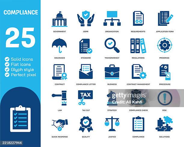 compliance glyph solid icons. containing government, regulation, social, law solid icons collection. vector illustration. perfect pixel on clean white background - standard web icons stock illustrations