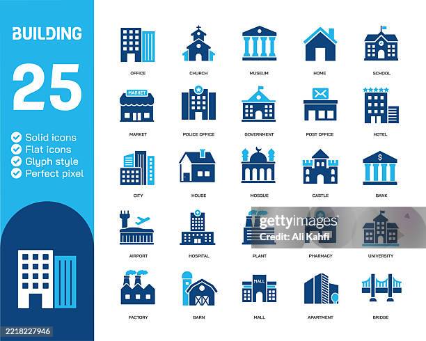 building glyph solid icons. containing residence, public, museum, town, factory solid icons collection. vector illustration. perfect pixel on clean white background - post office building stock illustrations