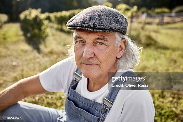 portrait of senior man wearing flat cap in the countryside - flat cap stock pictures, royalty-free photos & images