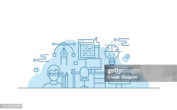 design and creativity related vector illustration. designer, ideas, trendy, layout, style, banner, marketing - creative director stock illustrations