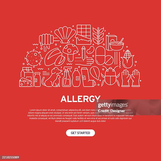 allergy related vector illustration. basic allergens, nut, soybean, pet, mushroom, gluten, corn, milk, chocolate. - gluten allergy stock illustrations