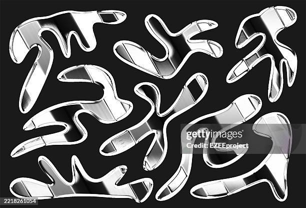 abstract organic silver chrome shapes. fluid chrome forms. smooth metalic abstract design. 3d chrome y2k shapes. silver metallic shine with retro-futuristic pixel halftone effect. glossy abstract vector elements for modern and retro designs. - mercury stock illustrations