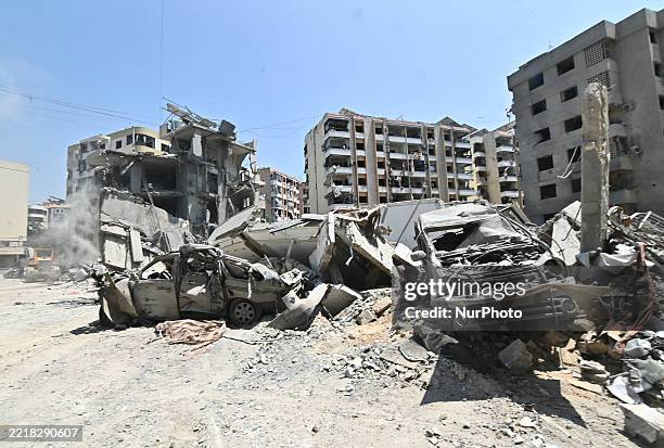 The rubble of a collapsed building is pictured at the site of an overnight Israeli airstrike in the Kafaat neighborhood of Beirut's southern suburbs...