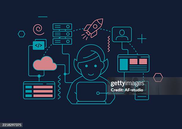 digital world - line illustration #10 - dark mode - api developer stock illustrations