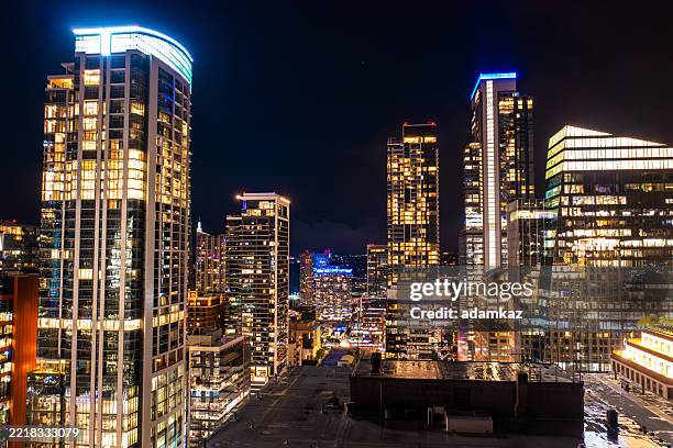 austin texas skyline aerial drone image at night - austin nightlife stock pictures, royalty-free photos & images