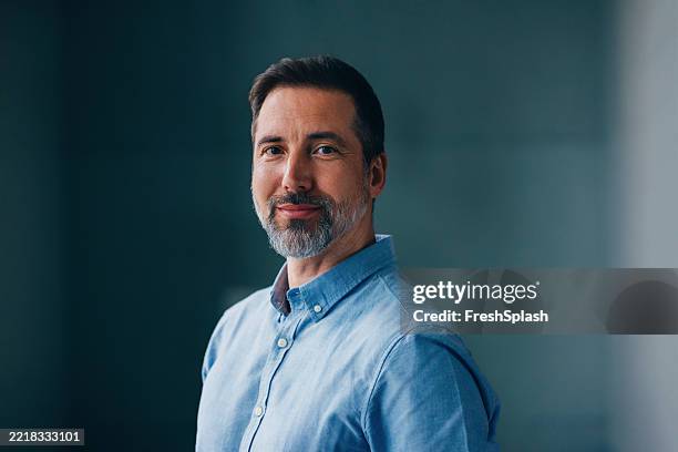 uomo maturo fiducioso sorridente in abbigliamento professionale con uno sfondo calmo - foto ritratto ufficiale foto e immagini stock