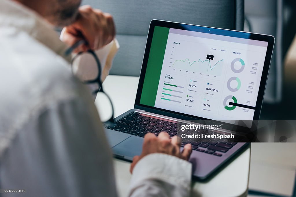 Professional Analyzing Business Data on Laptop with Graphical Charts and Reports