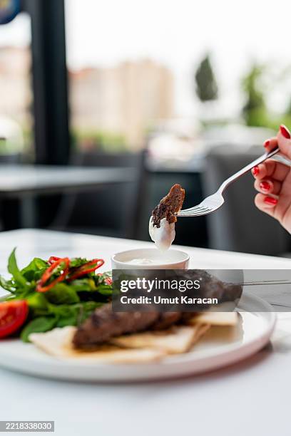 grilled meat with ranch dip and fresh salad - ranch dressing stock pictures, royalty-free photos & images