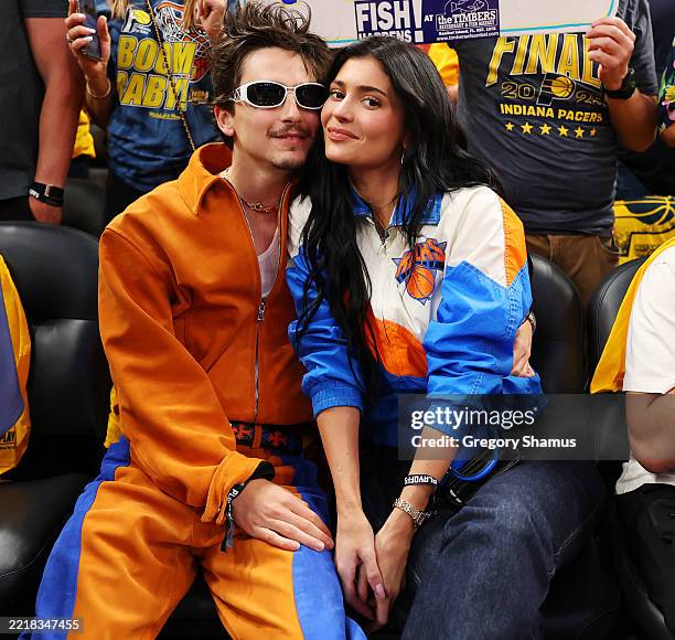Timothee Chalamet and Kylie Jenner attend Game Six of the Eastern Conference Finals of the 2025 NBA Playoffs between the New York Knicks and the...