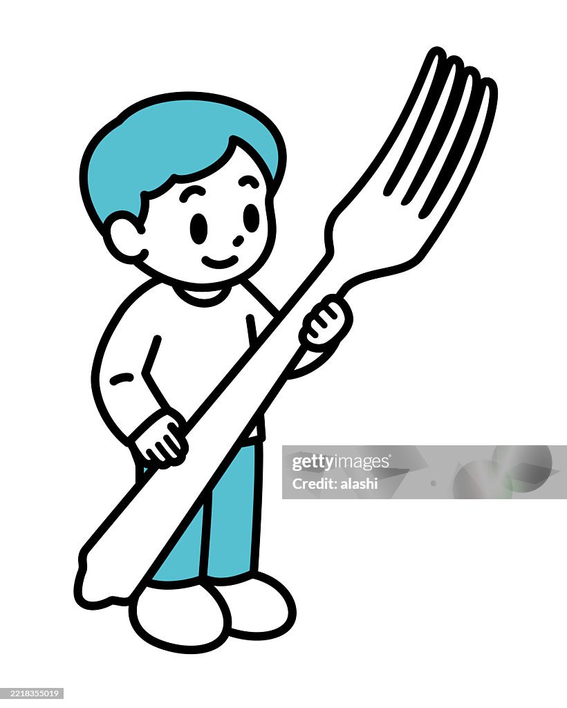A cute boy holding a big fork. Black outline with flat colors, minimalist style