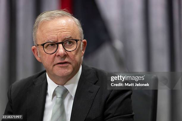 Australian Prime Minister Anthony Albanese speaks during a federal cabinet meeting on June 03, 2025 in Perth, Australia. The Australian Prime...