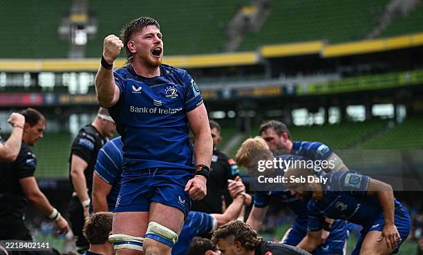 Dublin , Ireland - 7 June 2025; Joe McCarthy of Leinster celebrates his side's fourth try, scored by Dan Sheehan, during the United Rugby...