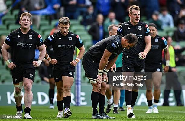 Dublin , Ireland - 7 June 2025; Glasgow Warriors players dejected after conceding a sixth try during the United Rugby Championship semi-final match...