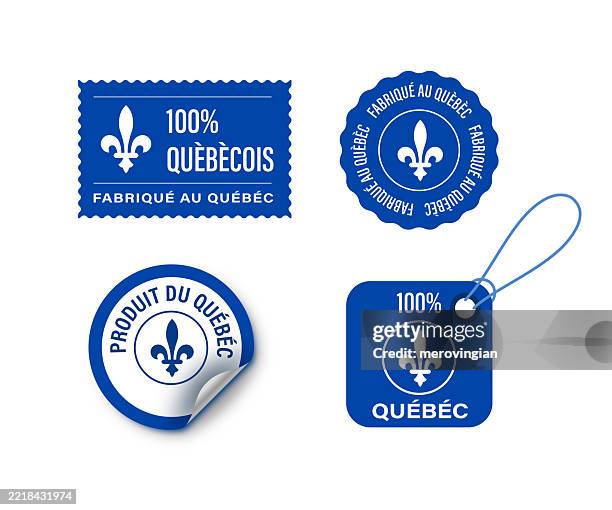 quebec product labels. fleur-de-lis and french text - fleur de lys vector quebec stock illustrations