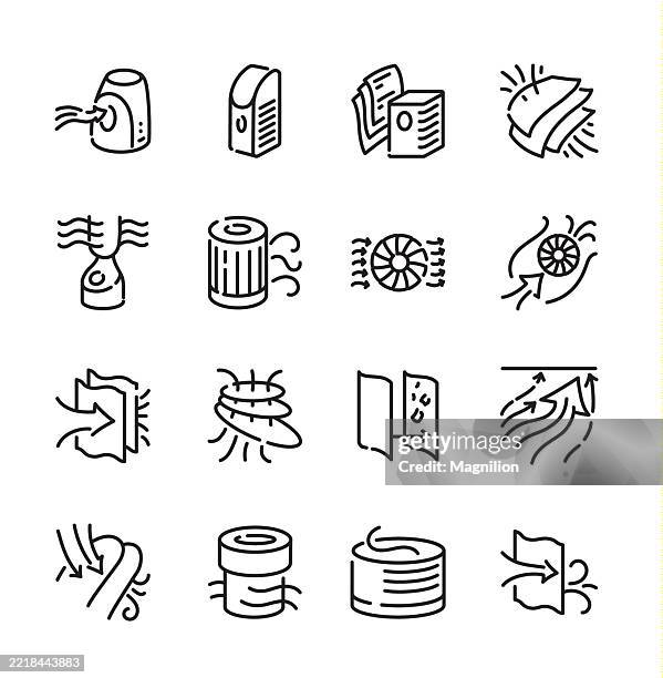 symbole für luftfiltration und -reinigung, einschließlich filter, luftstrom, staubschutz und belüftung. bearbeitbarer strich, vektor-icons-set - dunstabzugshaube stock-grafiken, -clipart, -cartoons und -symbole