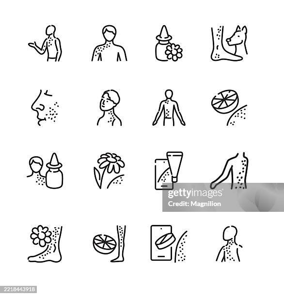 ilustraciones, imágenes clip art, dibujos animados e iconos de stock de alergias, incluidas reacciones cutáneas, alergias a alimentos y mascotas, síntomas nasales y tratamientos tópicos, trazo editable, conjunto de iconos de línea de ilustración vectorial - eczema