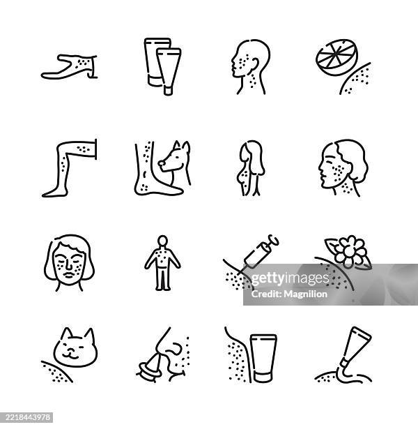 allergies, including skin reactions, food and pet allergies, nasal symptoms, and topical treatments, editable stroke, vector illustration line icons set - blowing nose stock illustrations