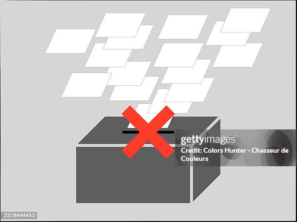 blank ballots above a ballot box with a red cross through it to symbolize illegal ballot stuffing and electoral fraud. - vote leave campaign stock pictures, royalty-free photos & images
