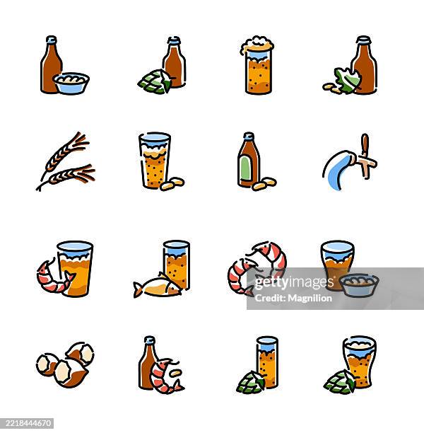 beer and snack vector icons set in colorful hand-drawn style, including bottles, glasses, hops, shrimp, peanuts, wheat and fish. editable stroke - root beer glass stock illustrations