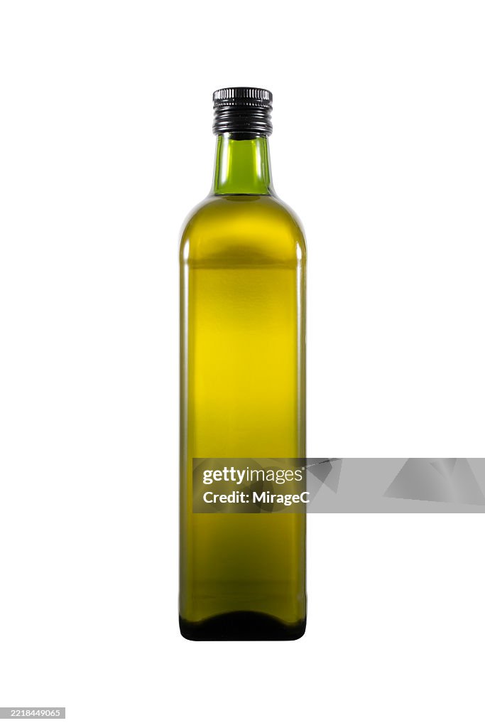 A Bottle of Extra Virgin Olive Oil Isolated on White Background