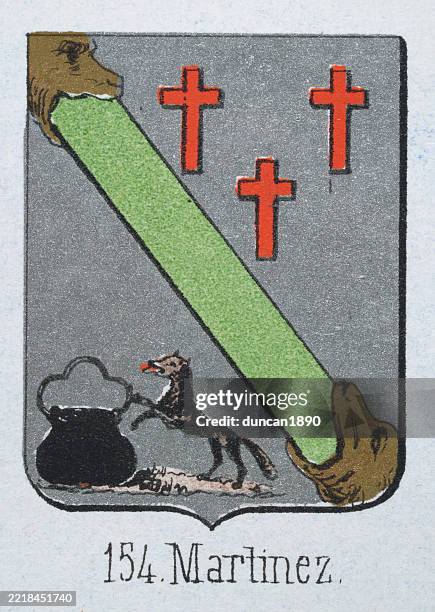 medieval heraldry, coat of arms, shield with black, cauldron, wolf, red, cross, spanish, vintage illustration - cauldron stock illustrations