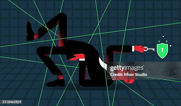 bizarre hacker in lazer room opening digital lock - hacker stock illustrations