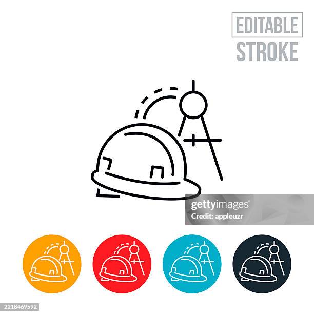 hard hat and drawing compass thin line icon - editable stroke - construction hat stock illustrations