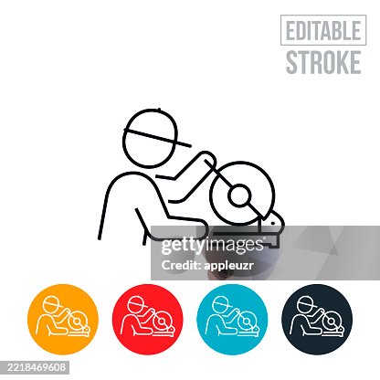 Handyman Using Table Saw Thin Line Icon - Editable Stroke Handyman Using Table Saw Thin Line Icon - Editable Stroke