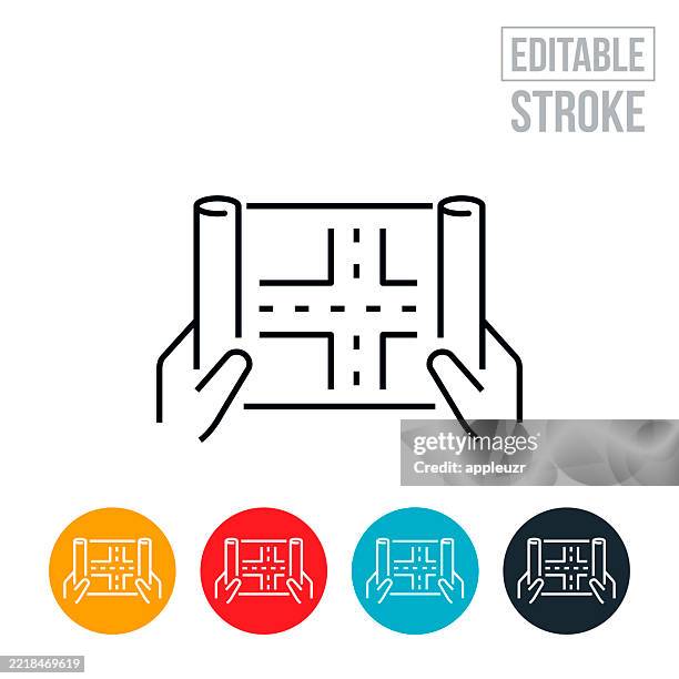 hands holding a road construction blueprint thin line icon - editable stroke - road construction worker stock illustrations