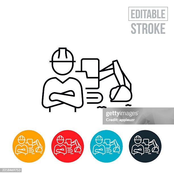 construction worker standing with arms folded in front of an excavator thin line icon - editable stroke - construction project manager stock illustrations