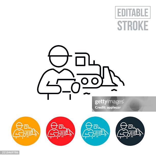 construction supervisor inspecting construction job site with bulldozer in the background thin line icon - editable stroke - inspector gadget stock illustrations