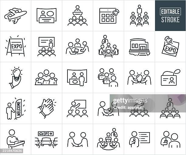 dünne liniensymbole für kongresse, ausstellungen und messen - bearbeitbarer strich - symbole umfassen eine konferenz, ein seminar, eine geschäftstagung, eine geschäftskonferenz, geschäftsleute, ein publikum, einen moderator, teilnehmer, anbieter, netw - lecture hall stock-grafiken, -clipart, -cartoons und -symbole