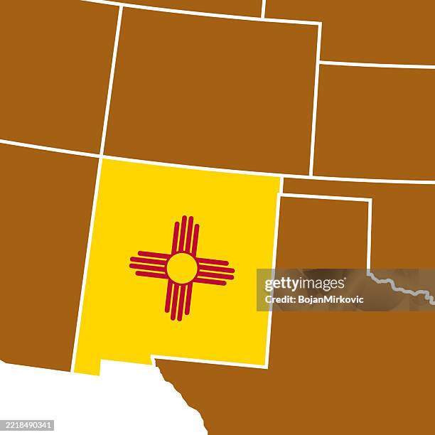 new mexico flag on usa map, close up view. vector - new mexico stock illustrations