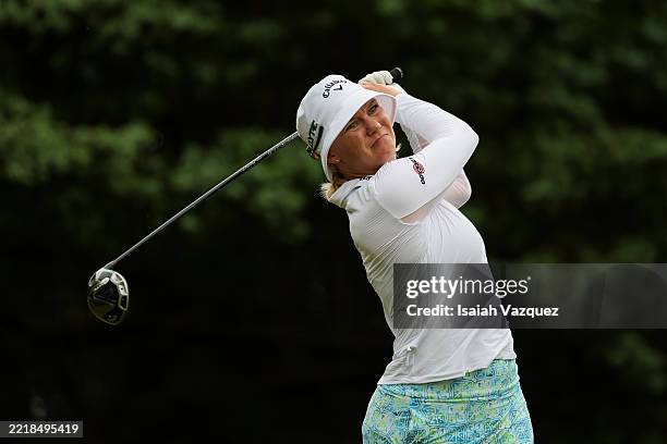Madelene Sagstrom of Sweden hits her tee at the 16th hole during the second round of the ShopRite LPGA Classic presented by Acer 2025 at Seaview Bay...