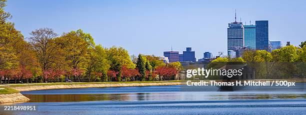 scenic view of brookline reservoir with boston skyline in the background,united states,usa - brookline massachusetts stock pictures, royalty-free photos & images