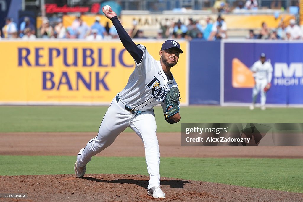 Miami Rays Taj Bradley of the Tampa Bay Rays pitches during the game between the ...