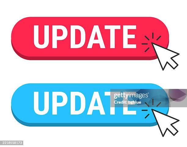 ilustraciones, imágenes clip art, dibujos animados e iconos de stock de actualización - botones rojo y azul con cursor sobre fondo blanco - novedad