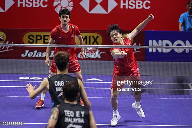 Liang Weikeng and Wang Chang of China compete in the Men's Doubles Round of 32 match against Ong Yew Sin and Teo Ee Yi of Malaysia on day 2 of 2025...